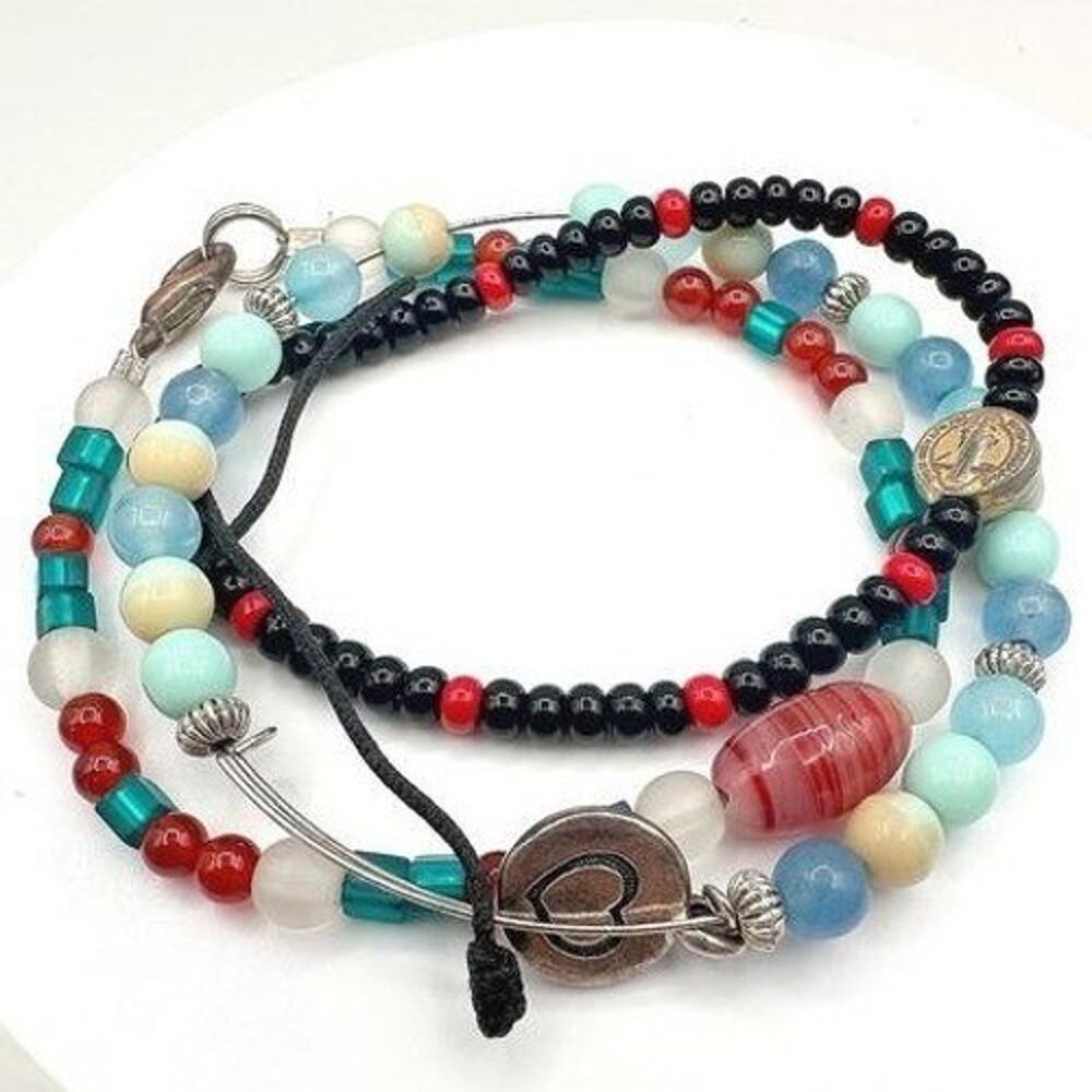 Vintage 90s Mixed Glass Bead Multi-Color Religious Bracelet Set Heart Jewelry